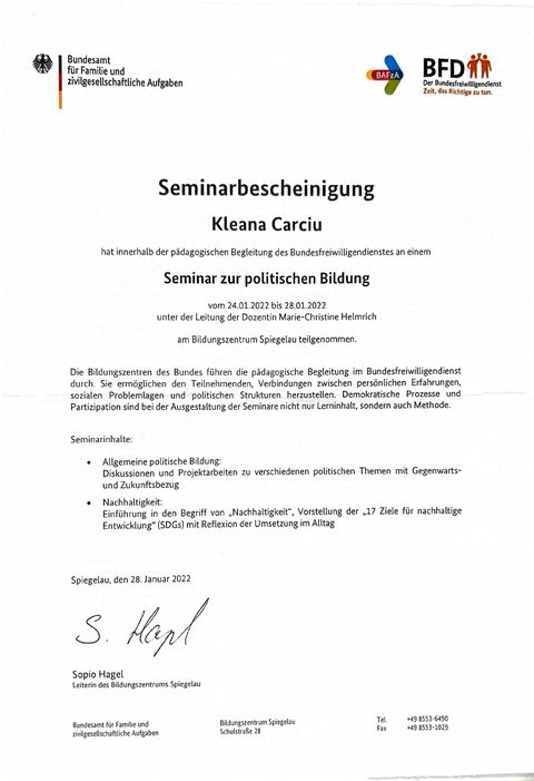 Seminarbescheinigung Seminar zur politischen Bildung