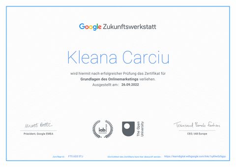 Google Zukunftswerkstatt Zertifikat Grundlagen des Onlinemarketings