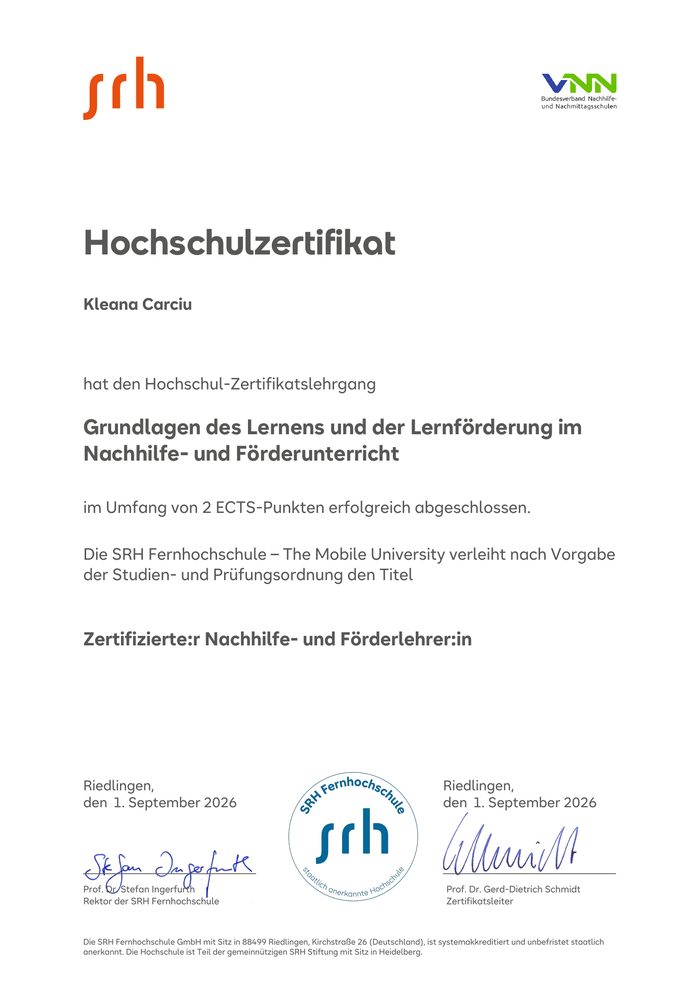 Hochschulzertifikat der SRH Fernhochschule – Zertifizierte Nachhilfe- und Förderlehrerin