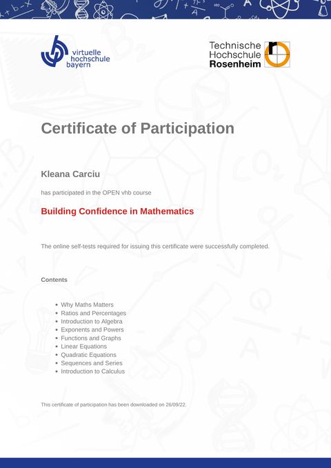 Zertifikat Building Confidence in Mathematics